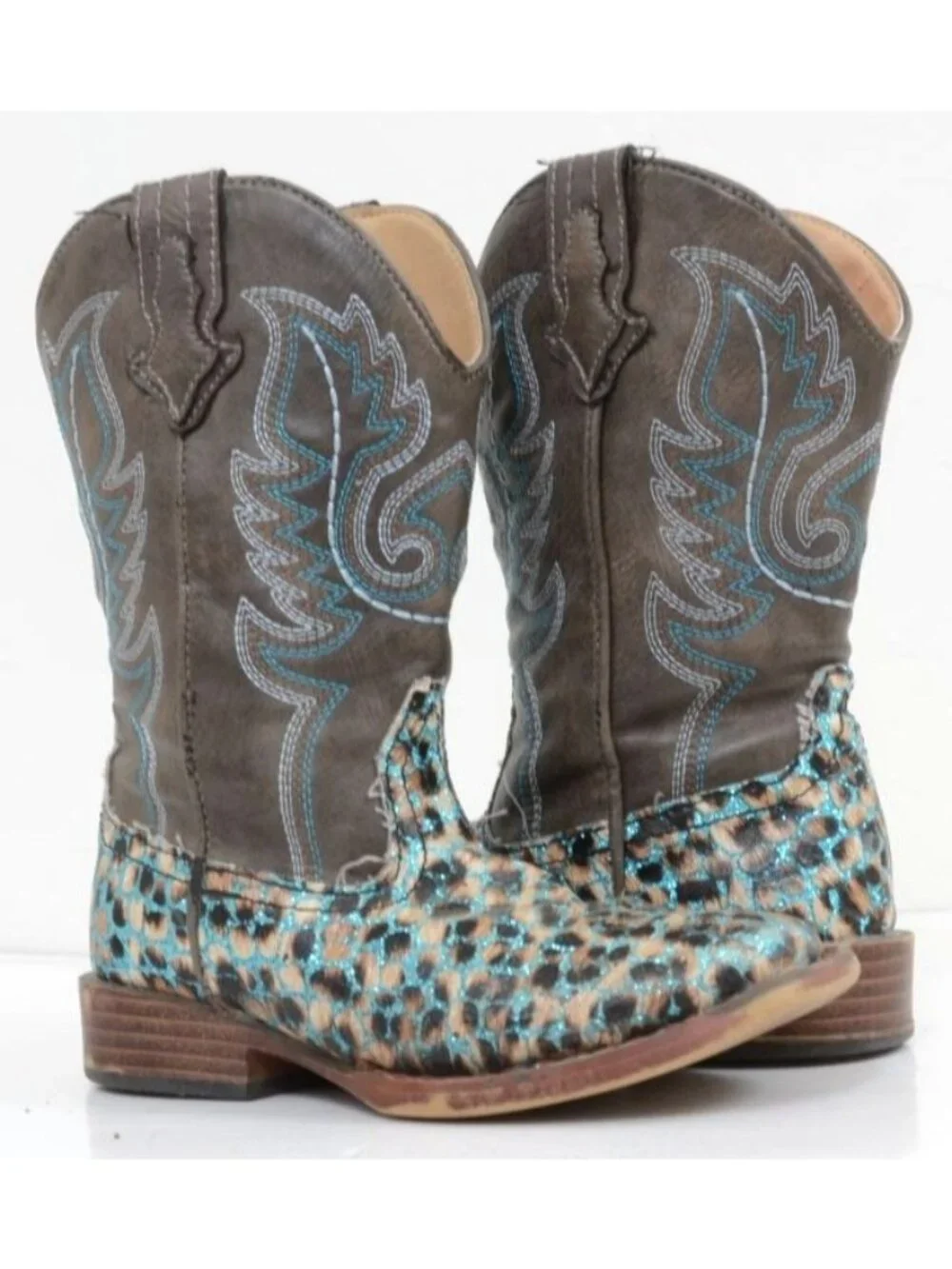 Roper Girls' 11 Glitter Teal Leopard Western Boots - Square Toe Cowgirl